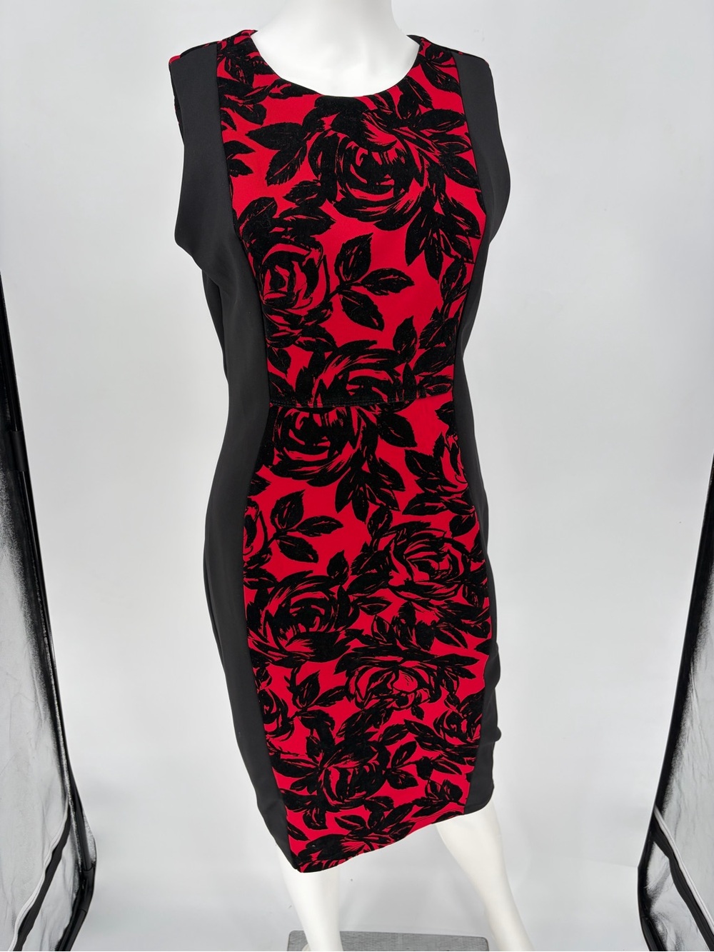 Enfocus Studio Red and Black Floral Panel Sheath Dress